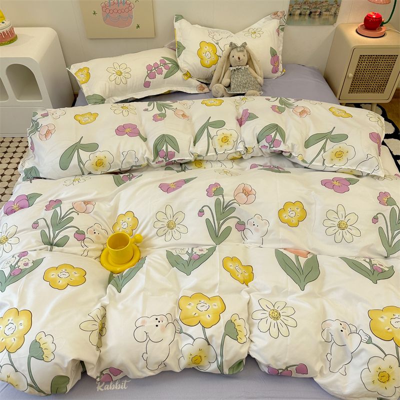 JazzHer Korean Style Duvet Cover Set No Filler Fashion Floral Ins Twin Double Queen Size Boys Girls Flat Sheet Pillowcases Bedding Linen