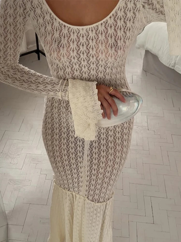 JazzHer Knitted Hollow Out Long Dress Women Sexy O-neck Flare Sleeve See Through Patchwork Dresses 2024 Summer Lady Elegant Beach Robe