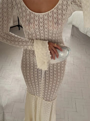 JazzHer Knitted Hollow Out Long Dress Women Sexy O-neck Flare Sleeve See Through Patchwork Dresses 2024 Summer Lady Elegant Beach Robe