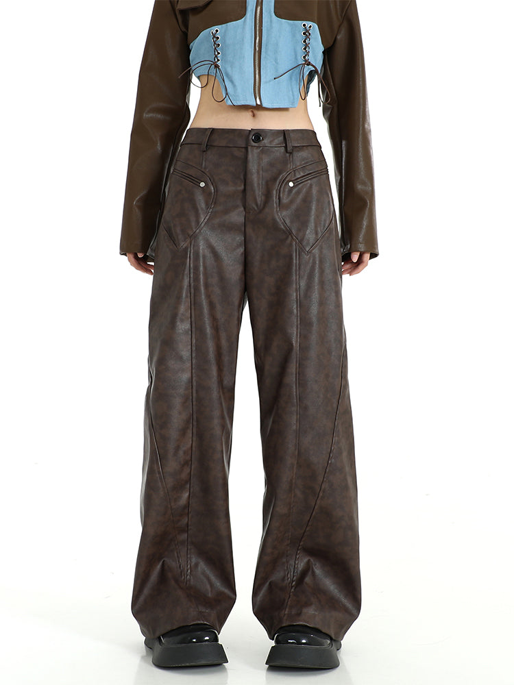 christmas outfit JazzHer Women's Vintage Brown Leather Pants 90s Y2k Retro Pippie High Waist Pants Baggy Harajuku Wide Leg Jogger Trousers 2000s Clothes