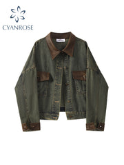 christmas outfit JazzHer Women's Patchwork Denim Jacket Outerwear 90s Vintage Oversize Long Sleeve Jean Jacket Harajuku Korean Y2k 2000s Fashion Clothes
