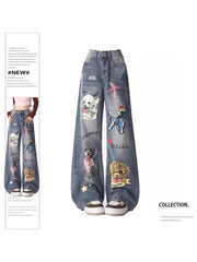 christmas outfit JazzHer Women's Baggy Blue Graphic Print Jeans Vintage Y2k 90s Aesthetic Denim Trousers 2000s Harajuku Wide Cowboy Pants Trashy Clothes