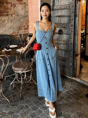 JazzHer Fashion Denim Single Breasted Strap Dress Women V-neck Sleeveless Backless Pocket Spliced  Dresess 2024 Summer Lady Casual Robes