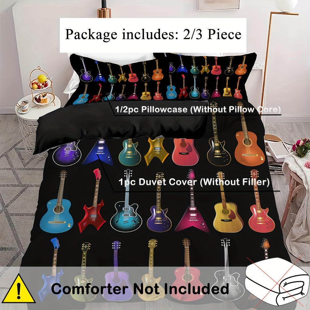 JazzHer 2/3pcs Vibrant Guitar Music Instruments Duvet Cover Set - Soft & Stylish Bedding for Music Lovers 1 Duvet Cover + 1/2 Pillowcase