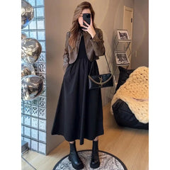 cold weather outfits JazzHer Fashionable Cropped Leather Jacket With Dress Set Women's Single Piece Suit Matching Outfit Elegant Style In Two Pieces