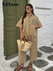 JazzHer Fashion Panelled Shirt Pants Set Women Loose Lapel Short Sleeve Button Pocket Shirts Wide Leg Pant 2024 Summer Lady 2 Piece Sets