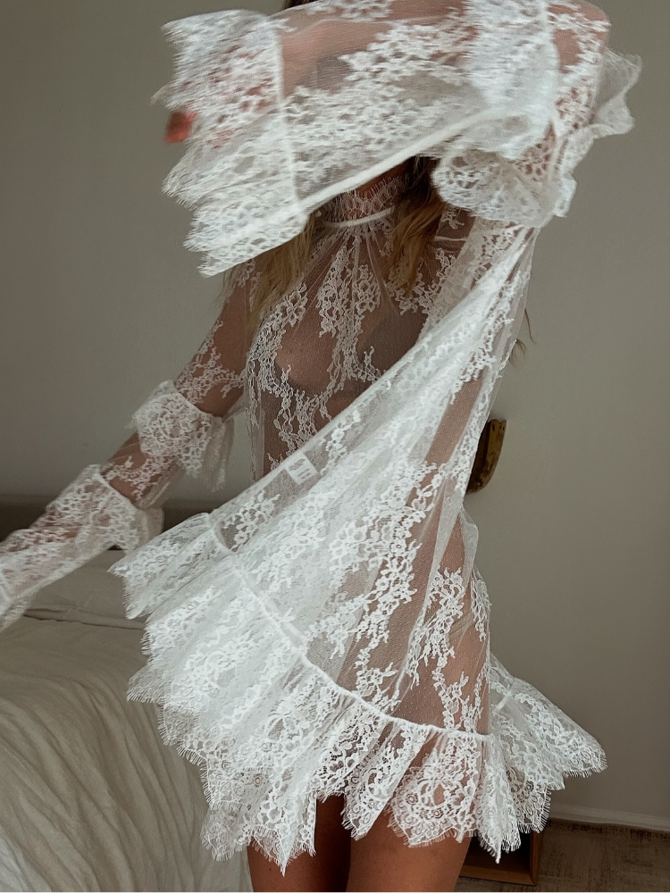 JazzHer Sexy Lace Sand Beachwear Mini Dresses Summer Loose Female Lace Patchwork See Through Transparent Long Sleeve Bikini Cover Up