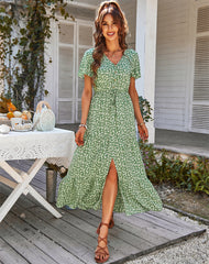 JazzHer Ladies Vintage Long Floral Print Summer Dress Women Loose Casual Button Bohemian Beach Dress Women Sundress Robe Vestidos Female