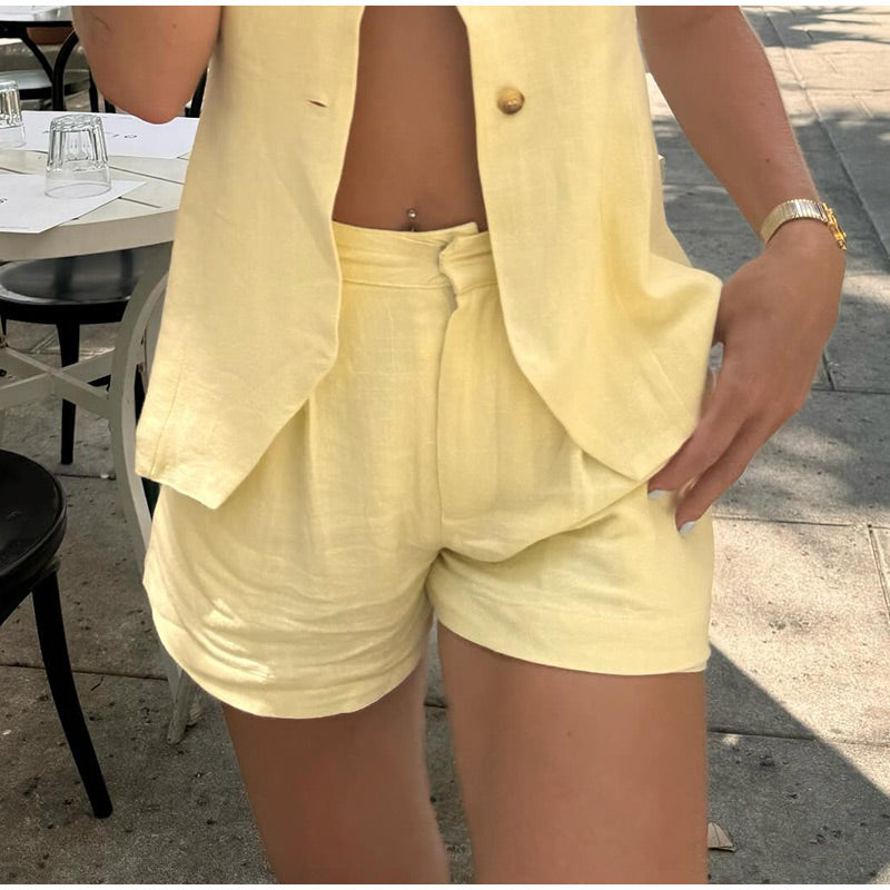 JazzHer Elegant Vest Shorts Sets Women Slim O-neck Sleeveless Button Vests High Waist Short Pant 2024 Summer Fashion Office Lady Outfits