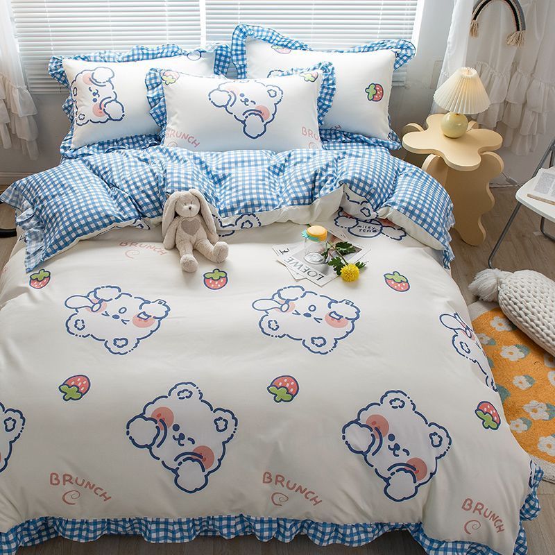 JazzHer Cute Bear Printed Bedding Set Ins Solid Color Linen And Duvet Cover With Pillowcases Single Double Full Size For Kids Adults