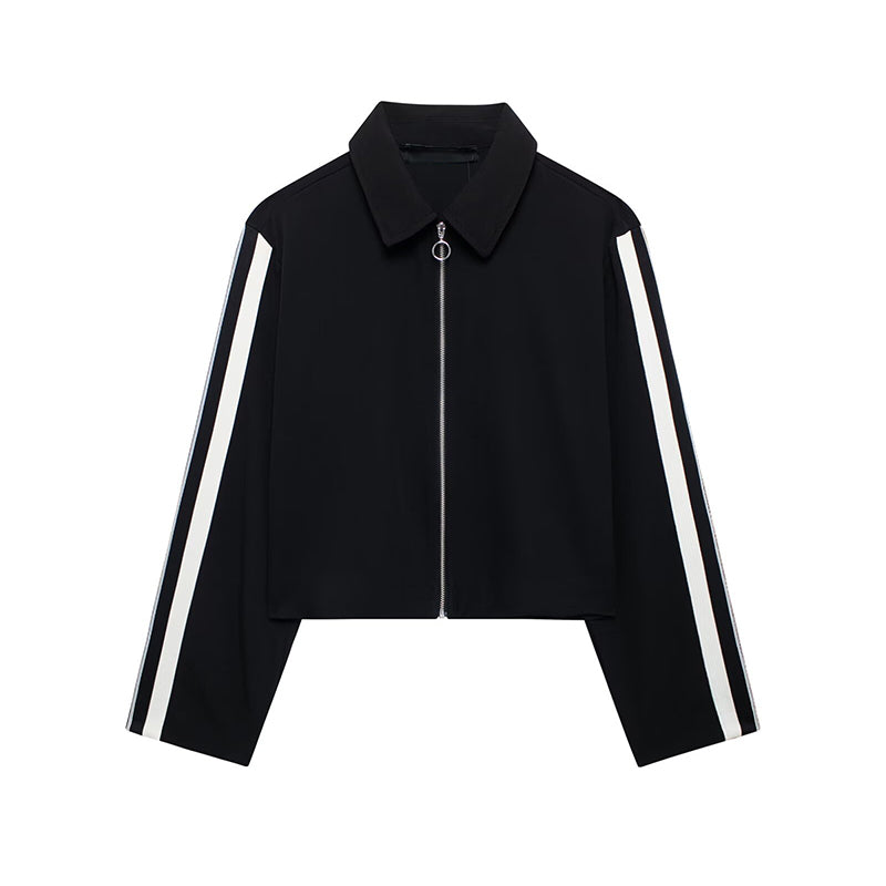 JazzHer Contast Color Coat Trosusers Suits Women Striped Lapel Long Sleeves Zipper Lady Sports Jacket Wide Leg Pant Female Two Piece Set