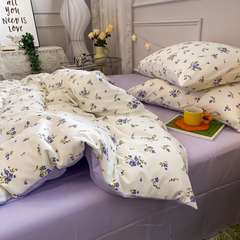 JazzHer Floral Bedding Set Ins Lilac Duvet Cover with Zipper No Filler Flat Sheet Pillowcase Twin Full Queen Size Girls Bed Linens