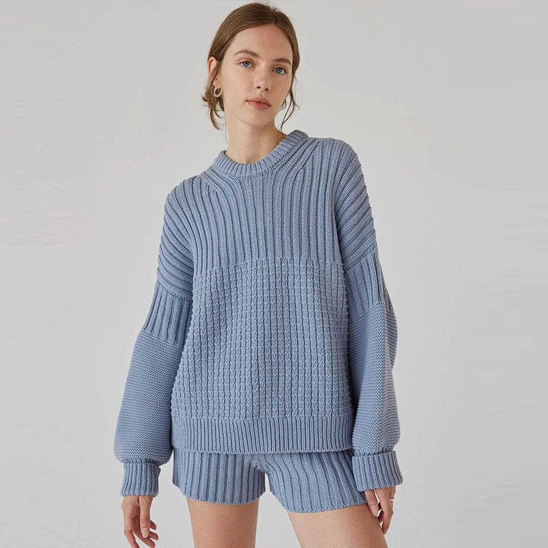 JazzHer Casual Knitted Sweater Shorts Sets Women Loose Solid Striped Pullovers Elastic Short Pants 2024 Spring Autumn Lady Chic Outfits