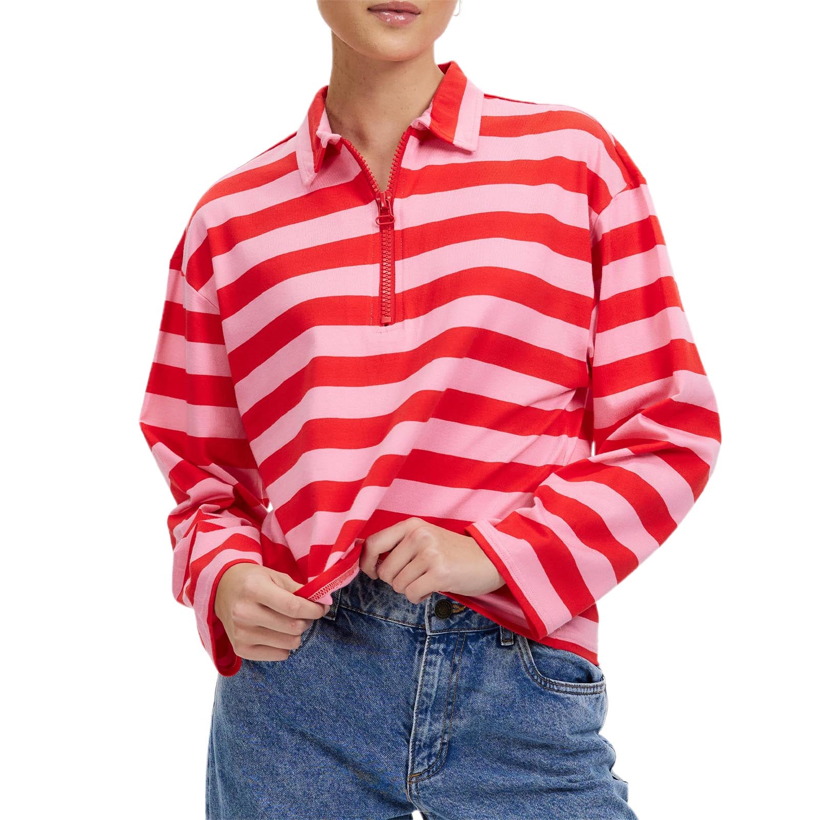 thanksgiving outfit JazzHer Women's Striped Sweatshirt Contrast Color Long Sleeve Lapel Neck Zip-up Casual T-Shirt