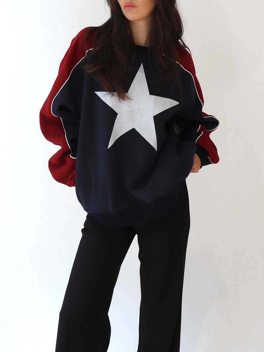 thanksgiving outfit JazzHer Women's Star Graphic Sweatshirt Long Sleeve Round Neck Oversized Casual Vintage Pullover Tops