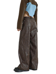 christmas outfit JazzHer Women's Vintage Brown Leather Pants 90s Y2k Retro Pippie High Waist Pants Baggy Harajuku Wide Leg Jogger Trousers 2000s Clothes