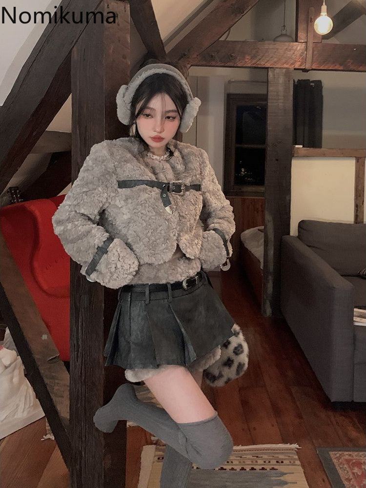 JazzHer Winter Clothes Women Gray Lamb Wool Jacket 2025 Ropa Mujer Stand Neck Fashion Korean Outwear Y2k Tops Furry Thicked Warm Coat