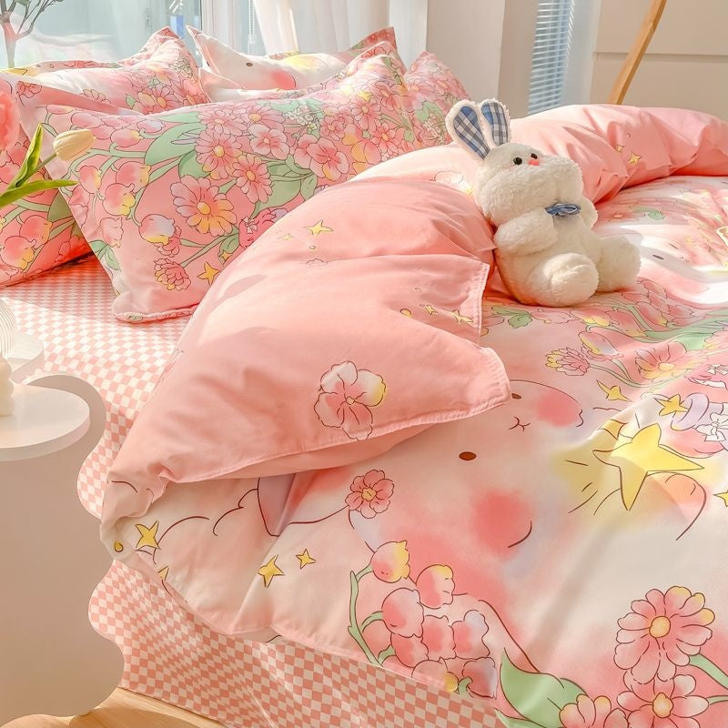 JazzHer Ins Pink Rose Bedding Set Polyester Bed Sheet Pillowcase Quilt Cover Full Twin Queen Size Bed Linen Girls Floral Duvet Cover