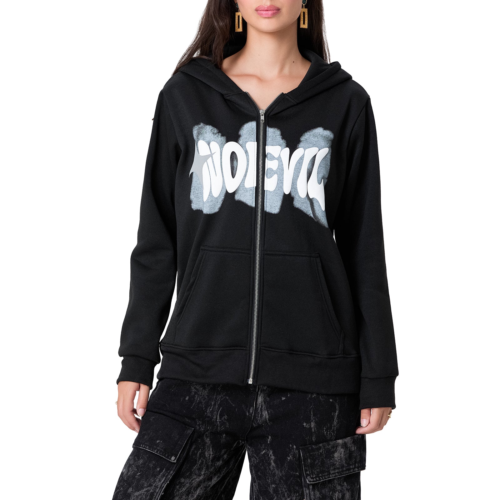 thanksgiving outfit JazzHer Women Hoodie Letter Skull Print Long Sleeve Kangaroo Pocket Drop Shoulder Zip Up Sweatshirt