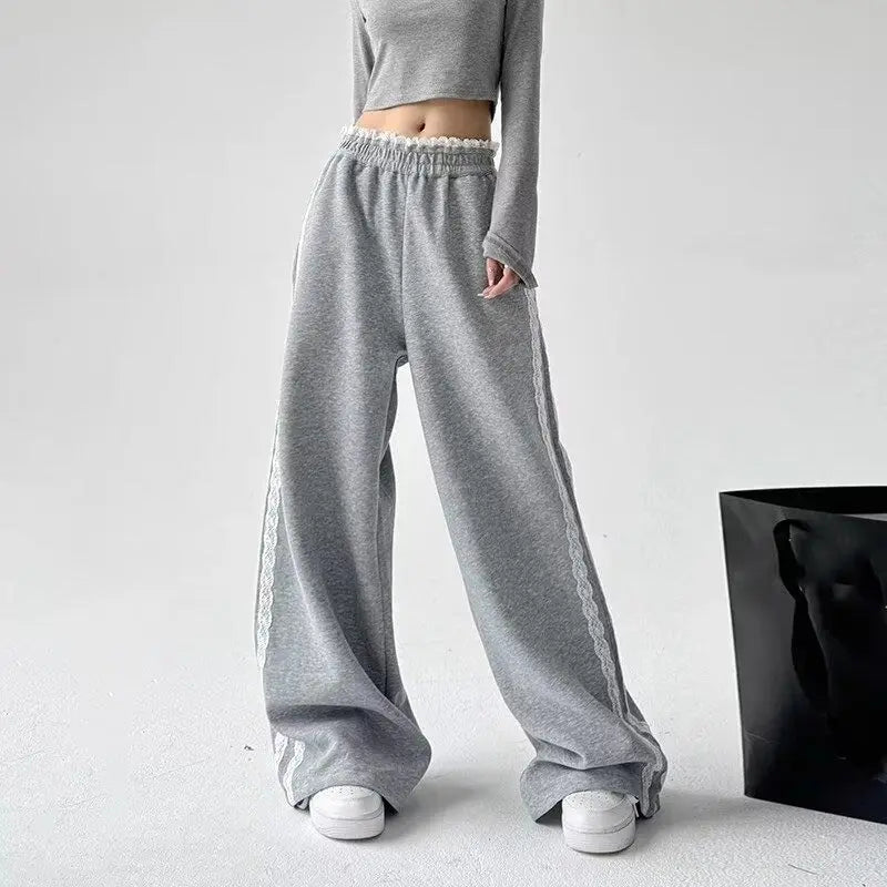 JazzHer Lace Patchwork Sweatpants Women Y2K Streetwear High Waist Wide Leg Pants Korean Fashion Casual Elastic Waist Straight Trousers