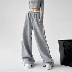 JazzHer Lace Patchwork Sweatpants Women Y2K Streetwear High Waist Wide Leg Pants Korean Fashion Casual Elastic Waist Straight Trousers