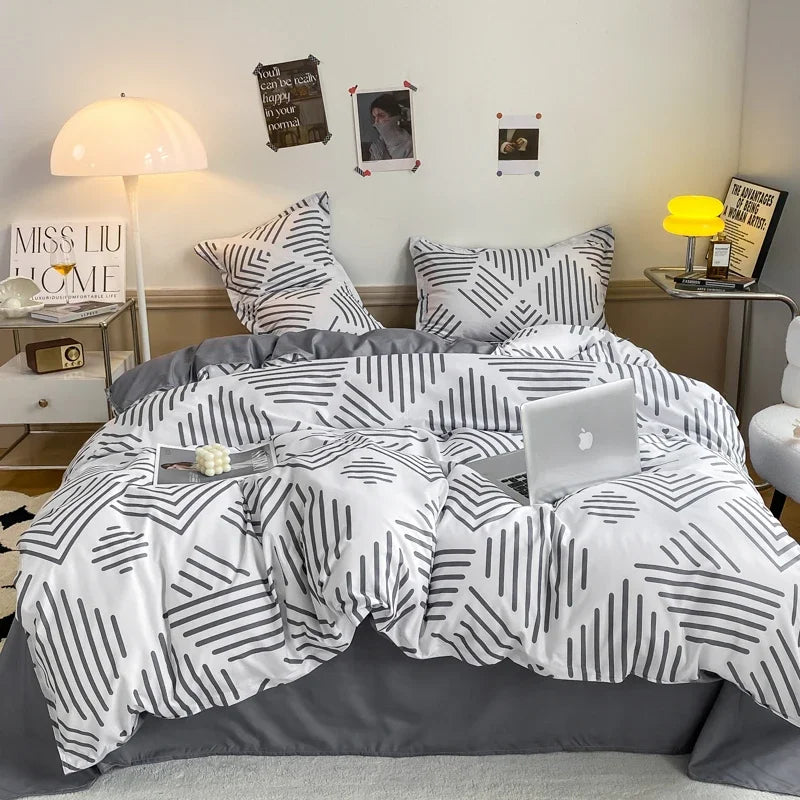 JazzHer Grey Geometric Pattern Duvet Cover Four set series for Adults Teens Polyester Bedding Set with Zip Closure Comforter Covers