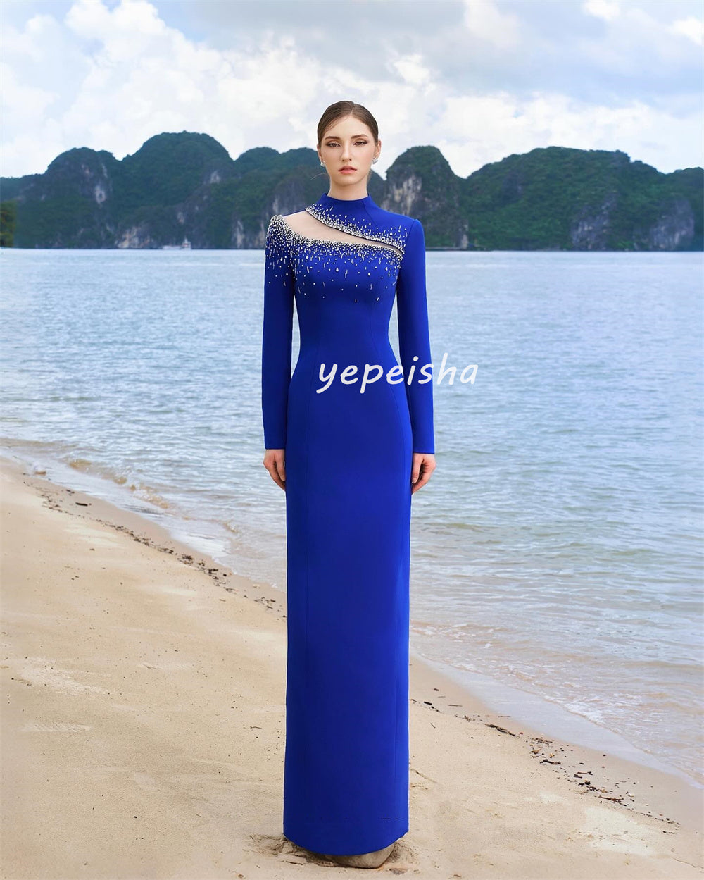 JazzHer Customized Sparkle Modern Style Jersey Beading Sequined Straight High Collar Long Dresses Bespoke Occasion Dresses Exquisite (PRE-ORDER)