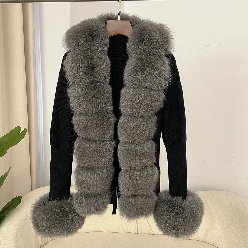 cold weather outfits JazzHer Autumn/winter New Arrival Detachable Real Fox Fur Placket Sleeve Opening Knitted Top Leather Jacket V-neck Pullover