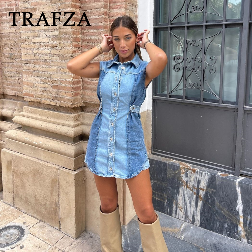 cold weather outfits JazzHer 2024 Spring Summer Casual Denim Women Dresses Fashion Vintage Patchwork Turn-down Collar Sashes Sleeveless Mini Dresses