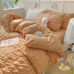 JazzHer Princess Bedding Set  French Style Wash Cotton Solid Color Seersucker Summer Soft 2024New Bed Sheet Set Comforter Set