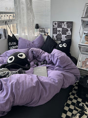 JazzHer Ins Purple Black Big Eye Solid Color Bedding Set Girls Boys Double Size Flat Sheet Duvet Cover Pillowcase Bed Linen Home Textile