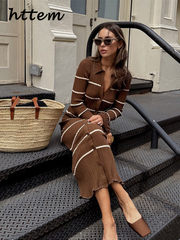 JazzHer Elegant Knitted Striped Flare Sleeve Long Dress Women Slim Lapel Single Breasted Female Contrast Dresses 2024 Autumn Lady Robes