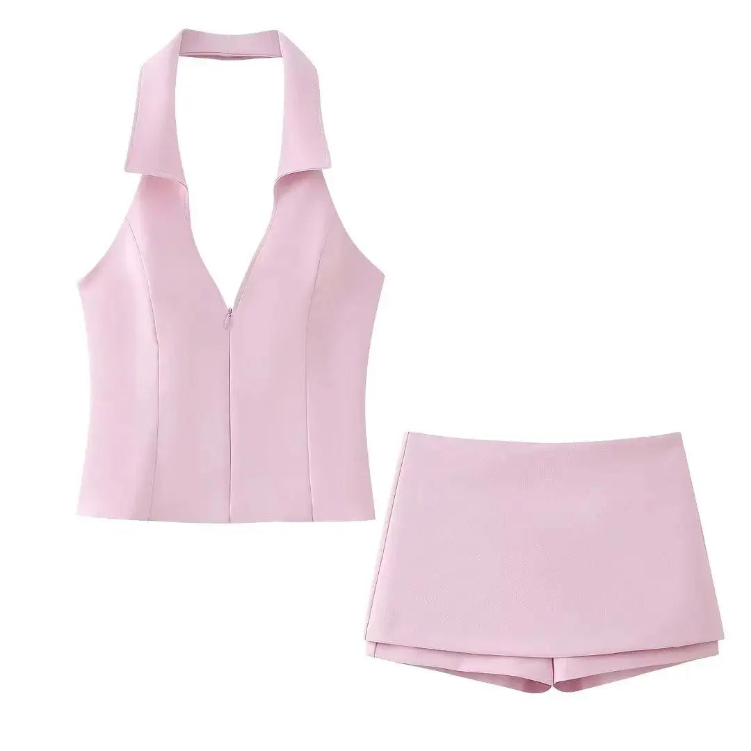 JazzHer Fashion pink shorts set for women sexy V neck sleeveless tops female slim hip package skirt 2024 Spring Summer new ladies suit