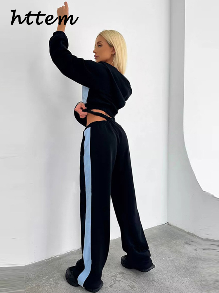 JazzHer Contrast Hoodies Pants Sets Women Hooded Long Sleeve Zipper Short Coats Hollow Out Wide Leg Trousers 2024 Autumn Lady Tracksuit