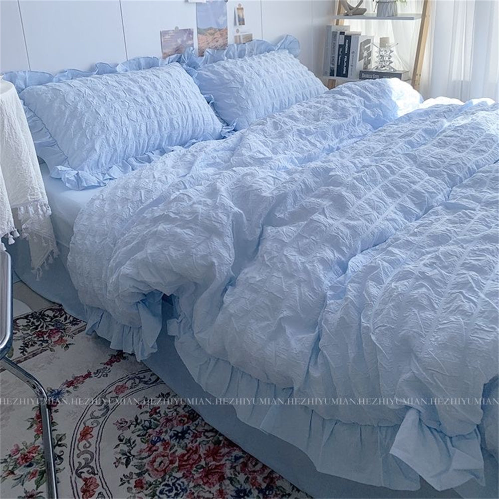 JazzHer INS Girl Blue Bedding Sets Solid Color Seersucker Ruffles Lace  Kawaii Soft Sheet Woman Duvet Cover Pillow Covers Quilt Cover