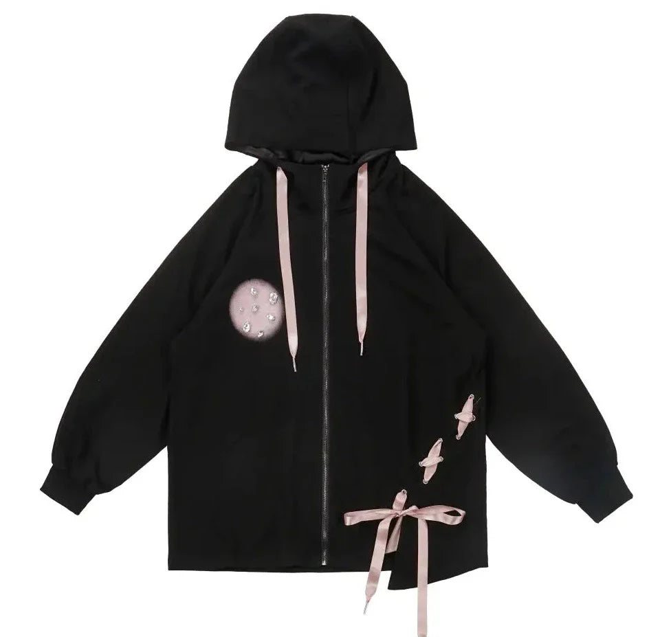 JazzHer 2024 Fall Fashion Black And Baby Pink Lace-Up Hoodie, Skirt, And Cropped Camisole