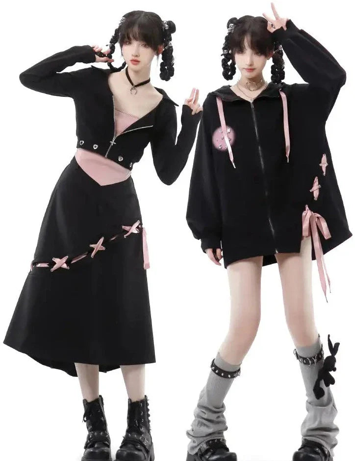 JazzHer 2024 Fall Fashion Black And Baby Pink Lace-Up Hoodie, Skirt, And Cropped Camisole