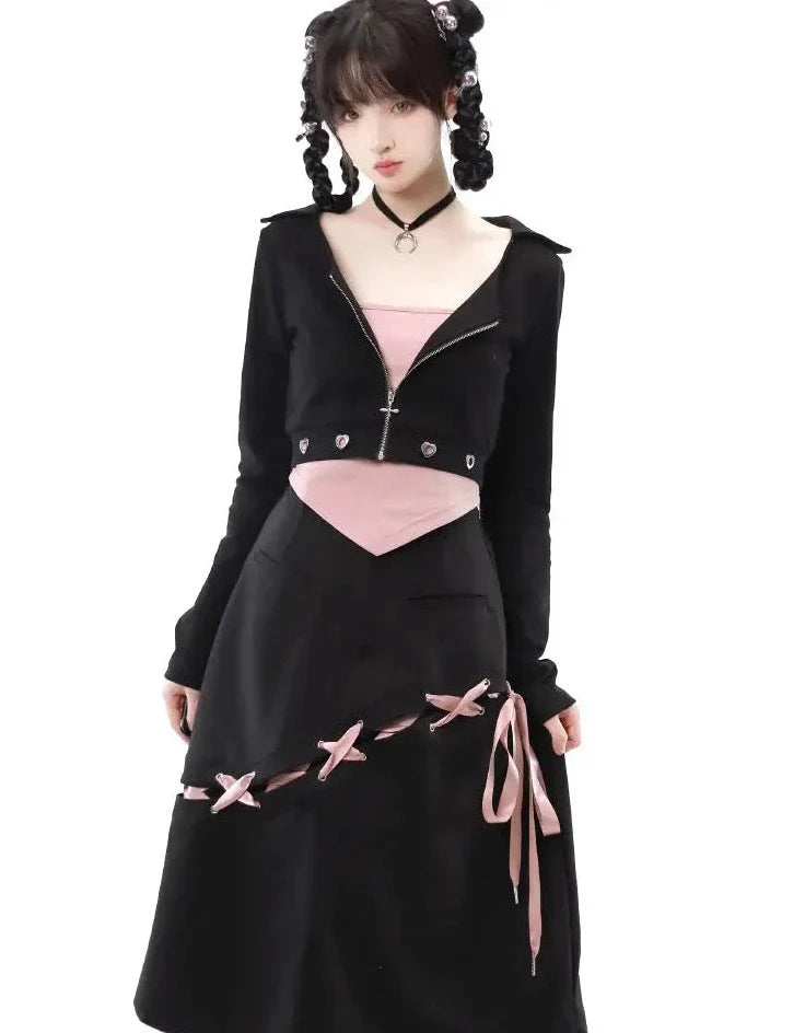 JazzHer 2024 Fall Fashion Black And Baby Pink Lace-Up Hoodie, Skirt, And Cropped Camisole