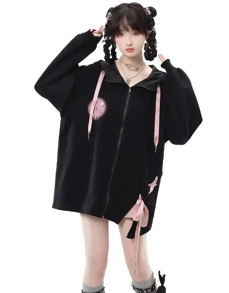 JazzHer 2024 Fall Fashion Black And Baby Pink Lace-Up Hoodie, Skirt, And Cropped Camisole