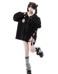 JazzHer 2024 Fall Fashion Black And Baby Pink Lace-Up Hoodie, Skirt, And Cropped Camisole