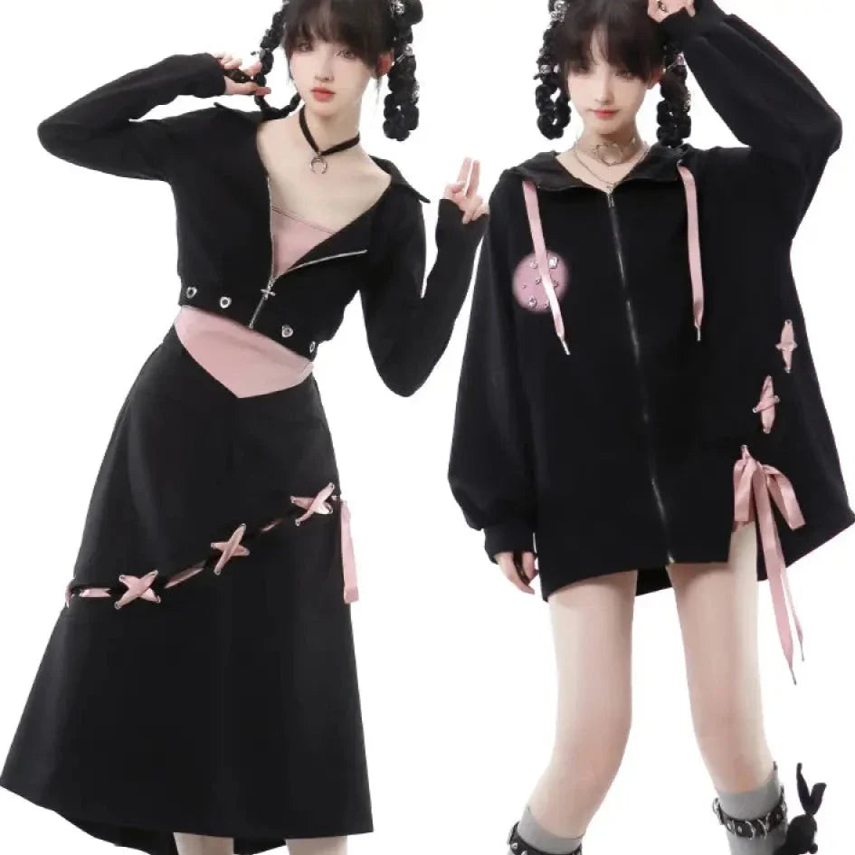 JazzHer 2024 Fall Fashion Black And Baby Pink Lace-Up Hoodie, Skirt, And Cropped Camisole