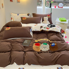 JazzHer Mocha Bear Embroidery Bedding Set Twin Queen Duvet Cover Set Pillowcases for Adult Kids Bed Flat Sheet Cute Quilt Cover Kawaii