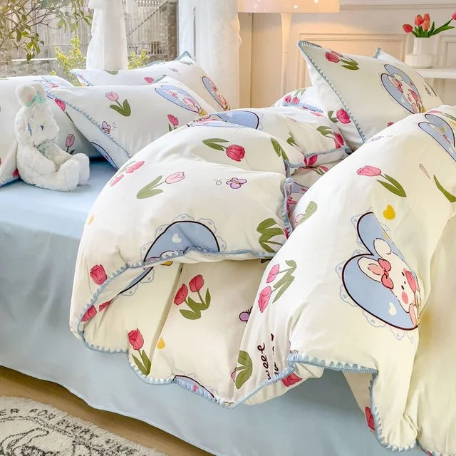 JazzHer Lovely Pastoral Girls Flower Bedding Set, Soft Washed Cotton Bed Linens For Dreamy Nights, Simple Bedspread And Home Textile