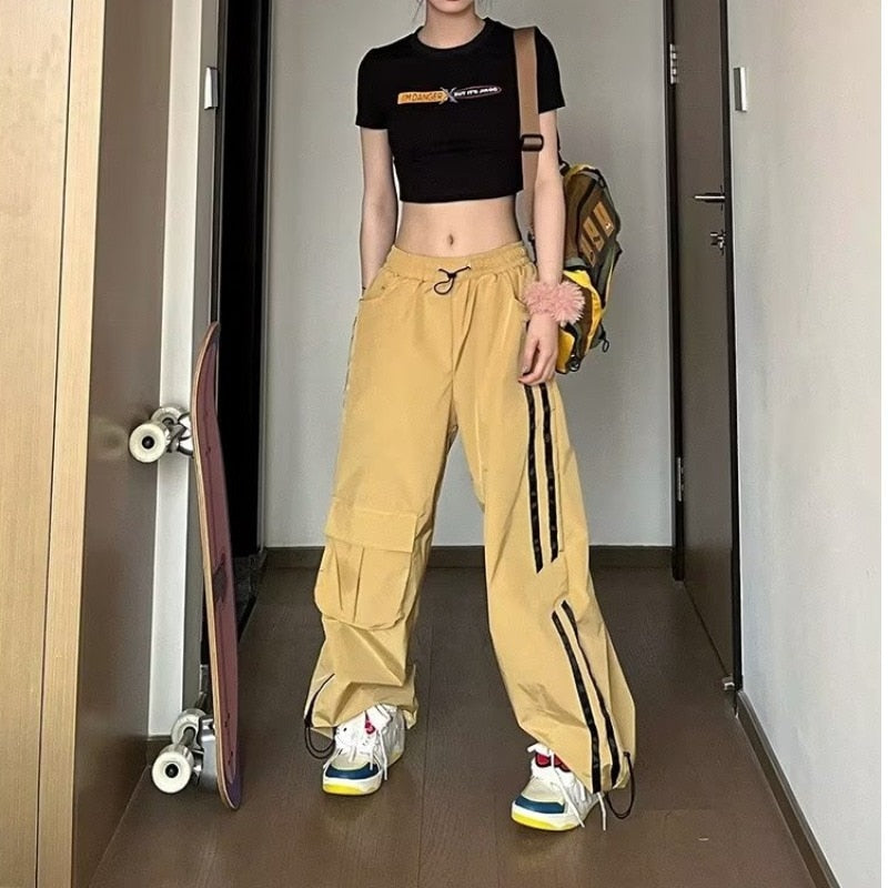 JazzHer Streetwear Women Stripe Cargo Pants Summer Fashion Big Pocket Loose Wide Leg Pants Y2K High Waist Female Hip Hop Trousers
