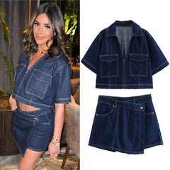 JazzHer Spring New Women's Fashion Temperament Casual Versatile V-neck Short Denim Shirt Double Breasted Denim Skirt Set