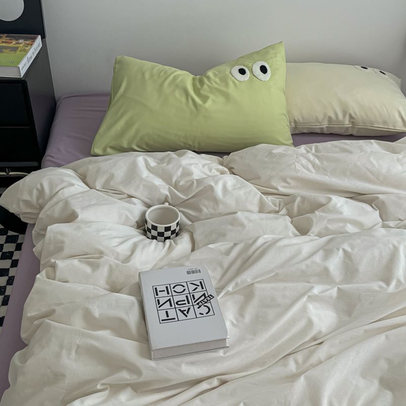 JazzHer Ins Style Nordic Bedding Set No Filling Duvet Cover Pillowcase with Cute Eye Embroidered Solid Color Single Queen Size Bed Linen