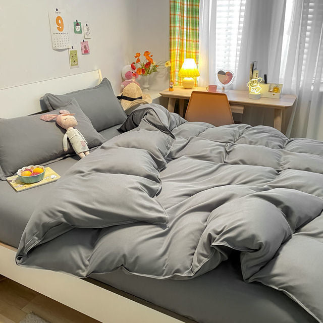 JazzHer Solid Color Bedding Set Soft Flat Sheets Pillowcase Polyester Bed Linen Kids Adult Twin Queen Full Size Simple Duvet Cover Set