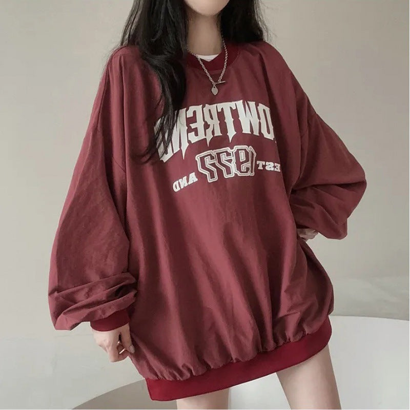 JazzHer Letter Print Oversized Round Neck Sweatshirt