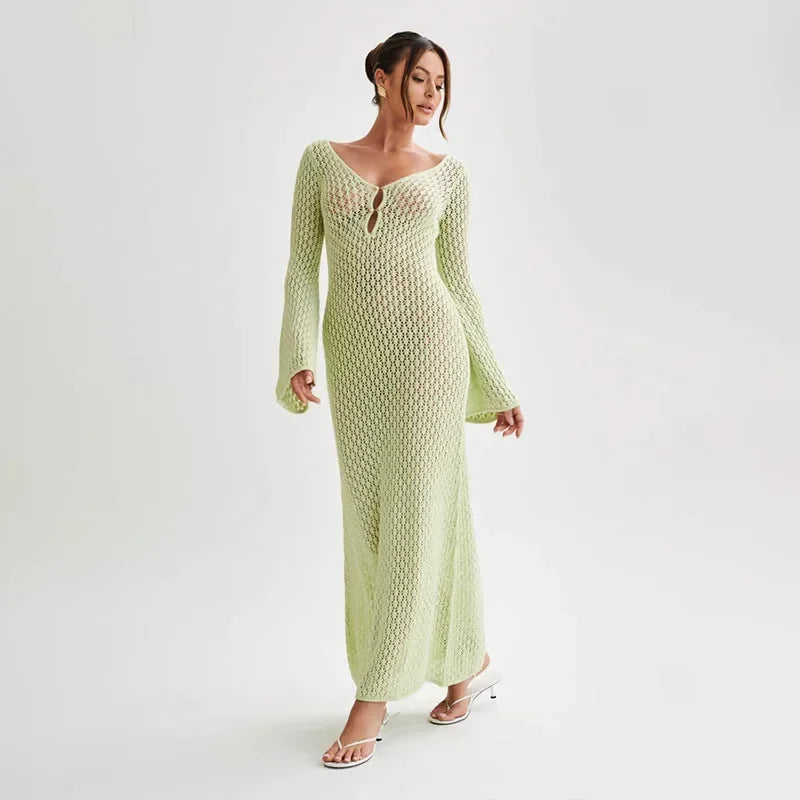 JazzHer Elegant Knit Hollow Out Long Dress For Women Slim  V Neck Backless Flare Sleeve Female Dresses 2024 Summer Lady Sexy Beachwear