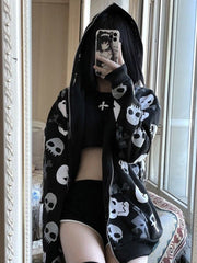 JazzHer Cyberpunk Y2k Sweatshirt Women Mall Goth Harajuku Skull Printed Long Sleeve Zipper Cardigan Hoodie Emo Alt Indie Clothes